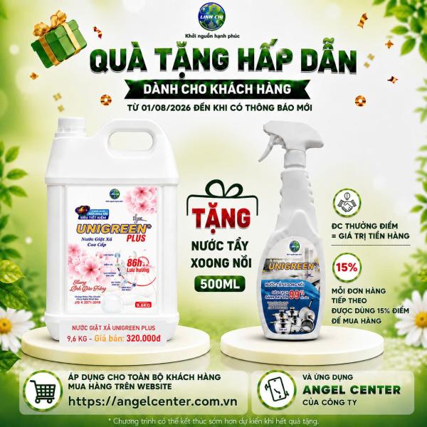 [CTKM] Nước giặt xả UniGreen PLUS - Hương anh đào trắng (9,6 kg)-  Tặng Tẩy Xoong Nồi 500ml