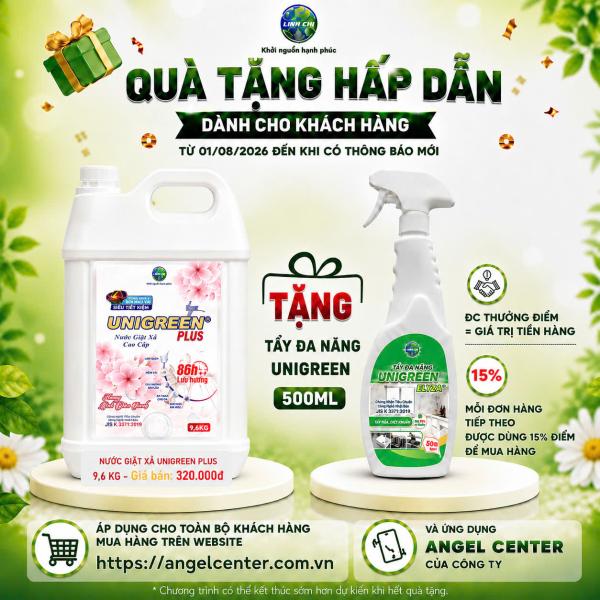 [CTKM] Nước giặt xả UniGreen PLUS - Hương anh đào trắng (9,6 kg)-  Tặng Tẩy Đa Năng 500ml