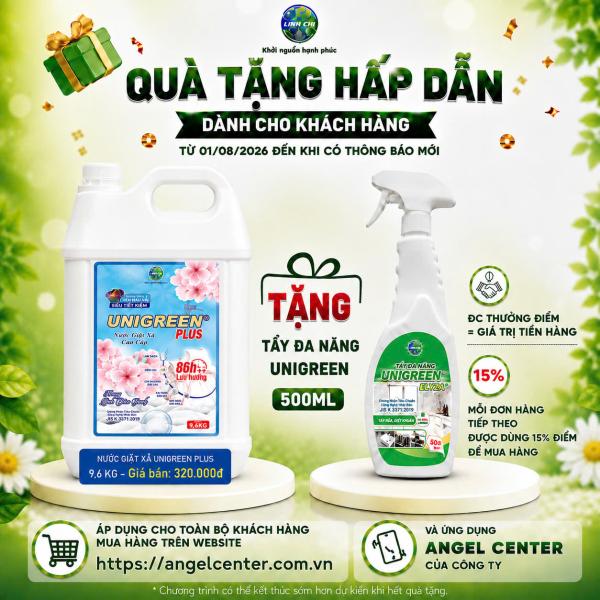 [CTKM] Nước giặt xả UniGreen PLUS - Hương anh đào xanh (9,6 kg) - Tặng Tẩy Đa Năng 500ml