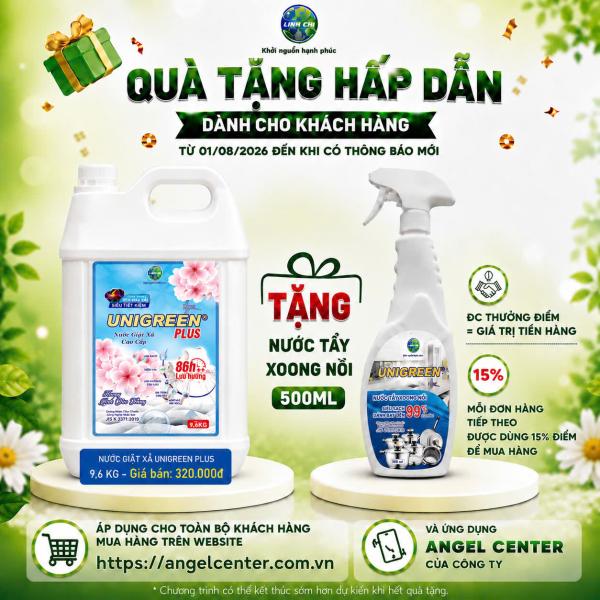 [CTKM] Nước giặt xả UniGreen PLUS - Hương anh đào xanh (9,6 kg) - Tặng Tẩy Xoong Nồi 500ml