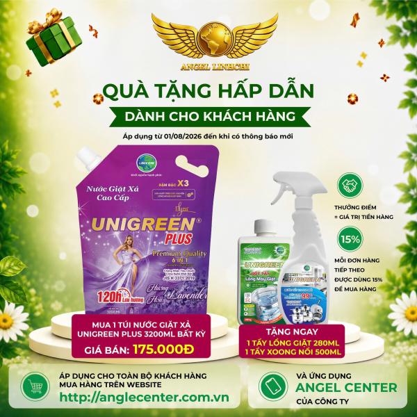 [CTBH] Nước giặt xả cao cấp UniGreen PLUS - Hương Lavender (Túi 3200ml) - Tặng Tẩy lồng giặt và Tẩy xoong nồi