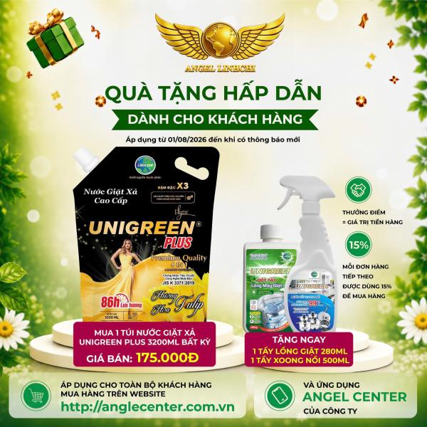 [CTBH] Nước giặt xả cao cấp UniGreen PLUS - Hương Tulip (Túi 3200ml) - Tặng Tẩy lồng giặt và Tẩy xoong nồi