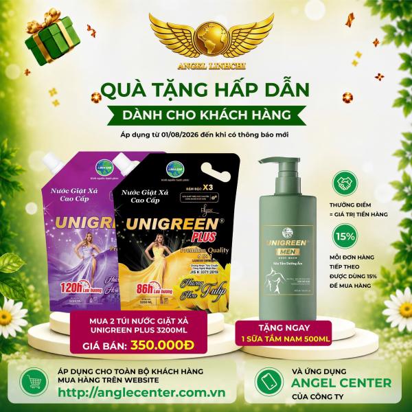 [CTBH] Nước giặt xả cao cấp UniGreen PLUS - Hương Lavender & Tulip (Túi 3200ml) - Tặng Sũa tắm nam Unigreen 500ml