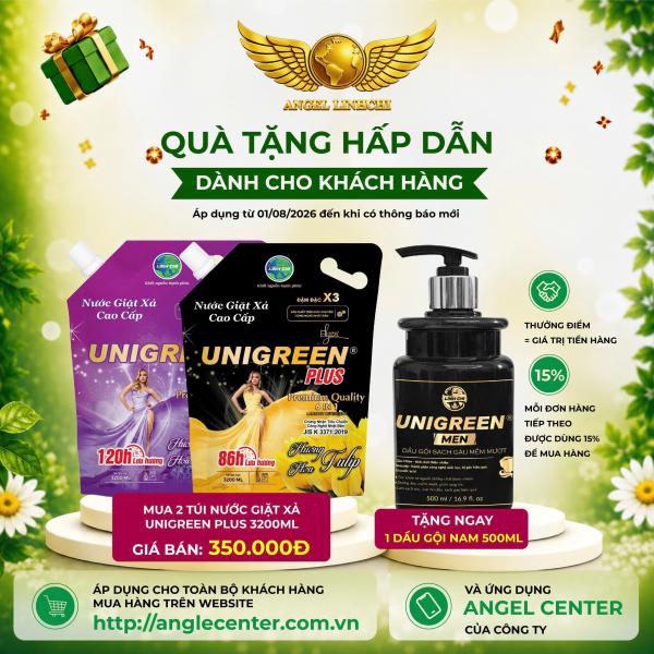 [CTBH] Nước giặt xả cao cấp UniGreen PLUS - Hương Lavender & Tulip (Túi 3200ml) - Tặng Dầu gội nam Unigreen 500ml