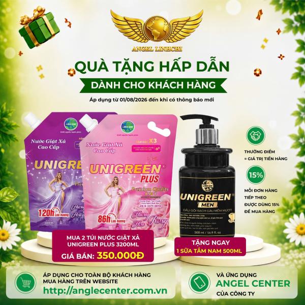[CTBH] Nước giặt xả cao cấp UniGreen PLUS - Hương Hoa hồng & Lavender  (Túi 3200 ml) - Tặng Dầu gội nam Unigreen 500ml