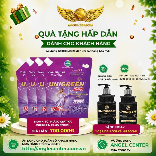 [CTBH] X4 Nước giặt xả cao cấp UniGreen PLUS - Hương Lavender (Túi 3200ml) - Tặng Cặp dầu gội và sữa tắm nam Unigreen 500ml