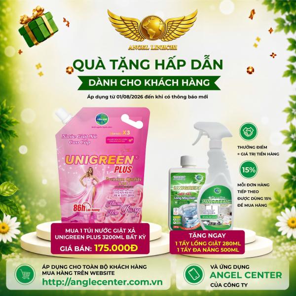[CTBH] Nước giặt xả cao cấp UniGreen PLUS - Hương Hoa hồng (Túi 3200 ml) - Tặng Tẩy lồng giặt và Tẩy đa năng