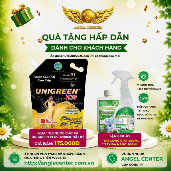 [CTBH] Nước giặt xả cao cấp UniGreen PLUS - Hương Tulip (Túi 3200ml) - Tặng Tẩy lồng giặt và Tẩy đa năng