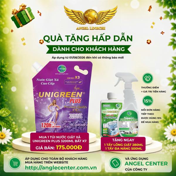 [CTBH] Nước giặt xả cao cấp UniGreen PLUS - Hương Lavender (Túi 3200ml) - Tặng Tẩy lồng giặt và Tẩy đa năng