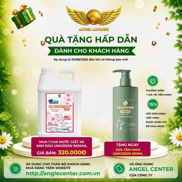 [CTBH] Nước giặt xả UniGreen PLUS - Hương anh đào trắng (9,6 kg)-  Tặng Sữa tắm nam Unigreen 500ml