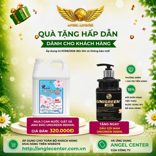 [CTBH] Nước giặt xả UniGreen PLUS - Hương anh đào xanh (9,6 kg) - Tặng Dầu gội nam Unigreen 500ml