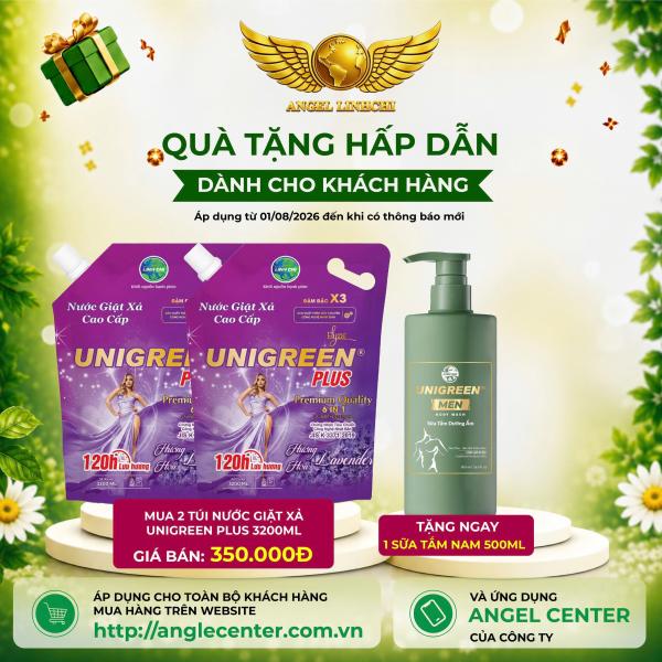 [CTBH] X2 Nước giặt xả cao cấp UniGreen PLUS - Hương Lavender  (Túi 3200 ml) - Tặng Sữa tắm nam Unigreen 500ml