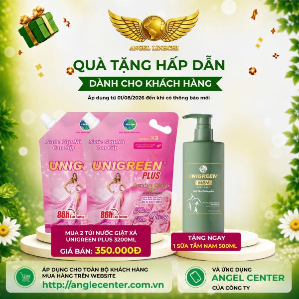 [CTBH] X2 Nước giặt xả cao cấp UniGreen PLUS - Hương Hoa hồng  (Túi 3200 ml) - Tặng Sữa tắm nam Unigreen 500ml