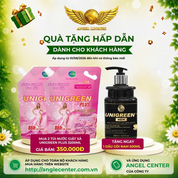 [CTBH] X2 Nước giặt xả cao cấp UniGreen PLUS - Hương Hoa hồng  (Túi 3200 ml) - Tặng Dầu gội nam Unigreen 500ml