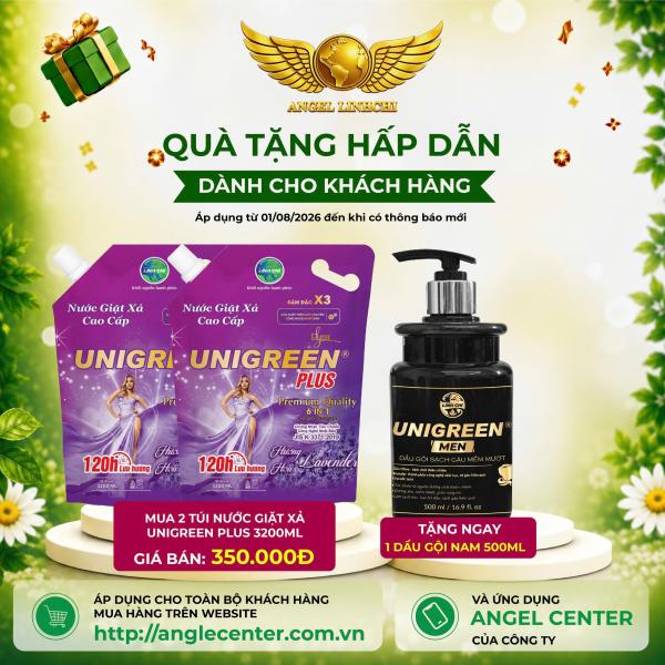 [CTBH] X2 Nước giặt xả cao cấp UniGreen PLUS - Hương Lavender  (Túi 3200 ml) - Tặng Dầu gội nam Unigreen 500ml
